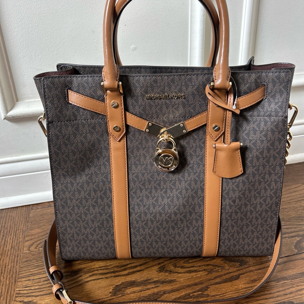 Michael Kors Nouveau Hamilton Large Logo Leather Satchel Brown $498 NWT